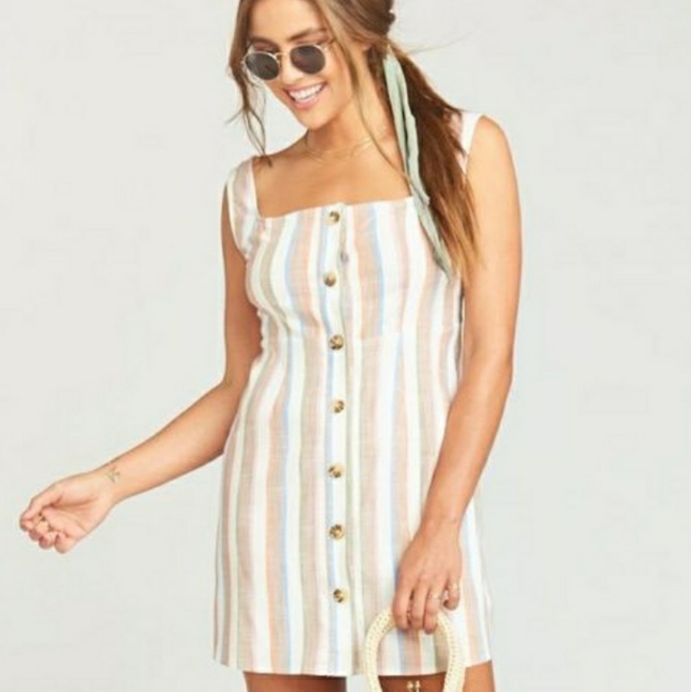 Show me your Mumu Striped Dress Button Front Mini Cream Orange Brown Medium